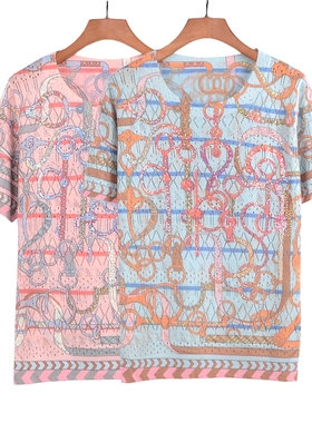 2025夏季女上衣古嘉子短袖天丝亚麻针织衫印花烫钻镂空薄T恤31007