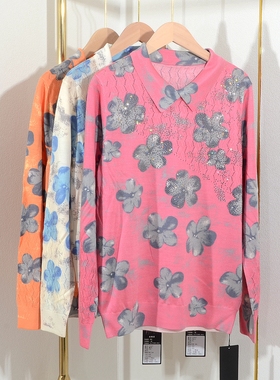 秋季女装薄毛衣翻领长袖印花烫钻天丝羊毛镂空针织衫上衣女23907