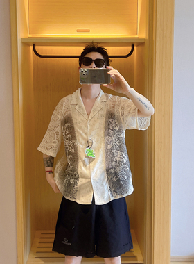 范哲贤2025夏季新款美式复古提花喷染短袖衬衫男透气潮牌衬衣外套