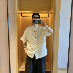 范哲贤 夏季新款中国风新中式刺绣短袖衬衫男女宽松情侣衬衣潮牌