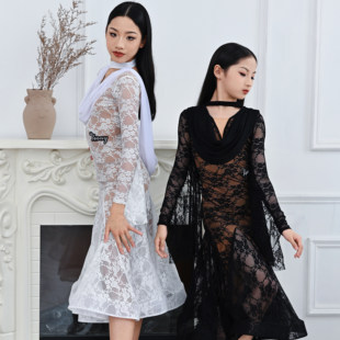 Venny薇妮摩登舞服女童长袖蕾丝大摆长裙华尔兹交谊舞专业表演服