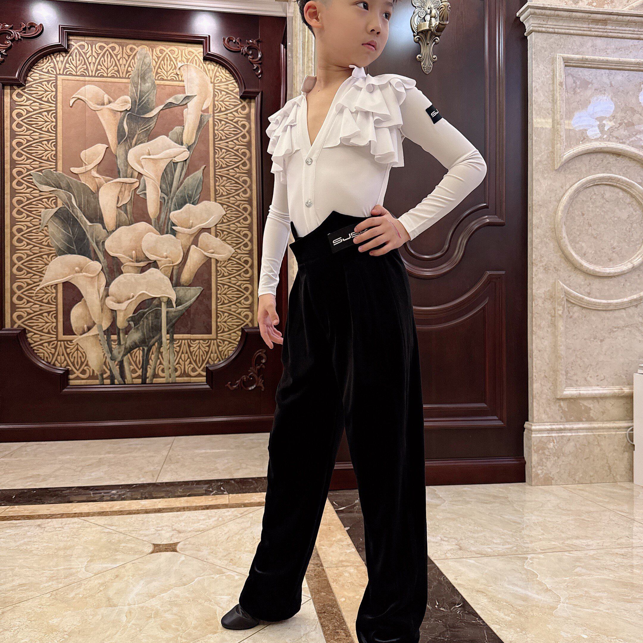 盛佳SJSK拉丁舞服【白羽蝶】新款男生练功服荷叶边上衣丝绒裤子