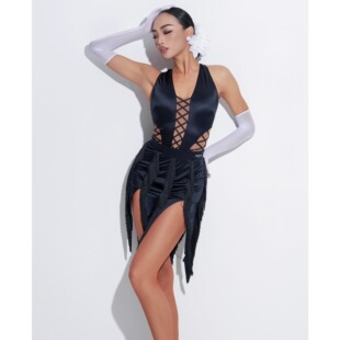 DAVID拉丁舞服新款成人练功服交叉露背吊带开叉流苏裙训练服套装