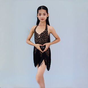 CD卡门2026新款豹纹挂脖流苏拉丁服女童春夏透气专业国标舞训练服