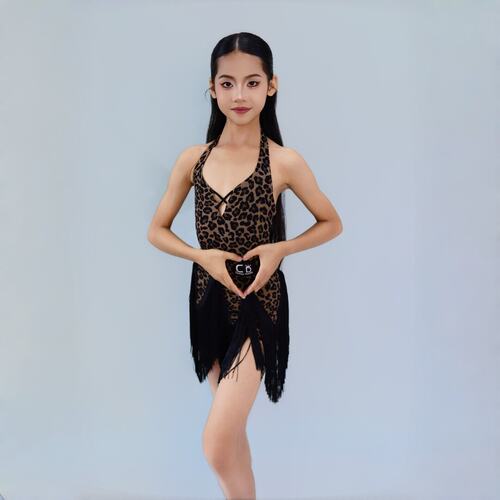 CD卡门2026新款豹纹挂脖流苏拉丁服女童春夏透气专业国标舞训练服