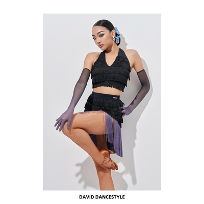 David舞服拉丁舞成人新款练功服挂脖流苏渐变舞裙国标训练表演服