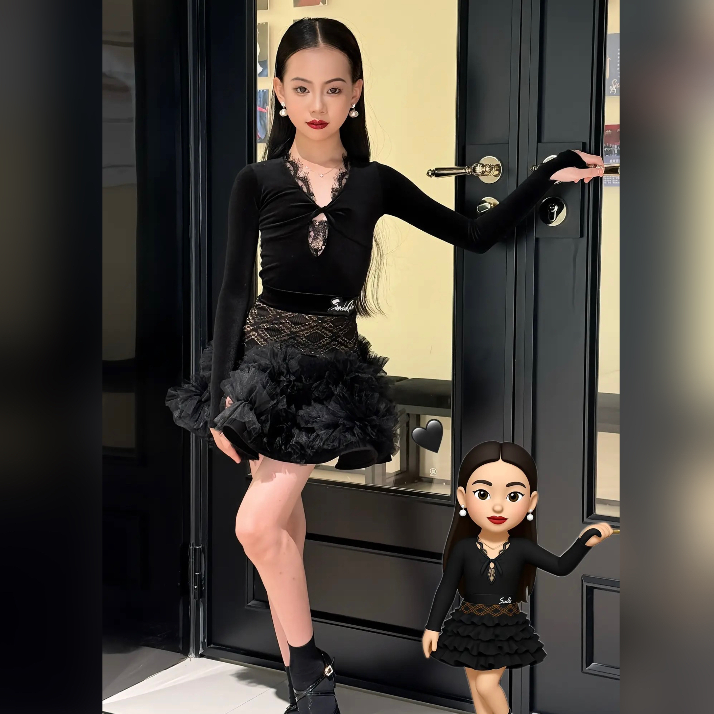 SQ拉丁舞服秋冬新款女童练功服蕾丝上衣丝绒大裙摆蓬松舞裙训练服