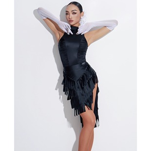 DAVID舞服拉丁舞成人练功服拼接网纱褶皱上衣开叉布条裙训练套装