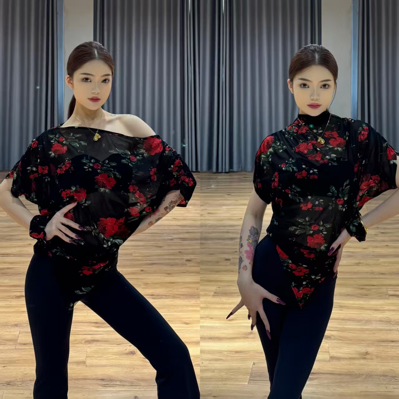 LOYAL舞服拉丁舞成人女士练功服玫瑰网纱罩衫国标艺考日常训练服