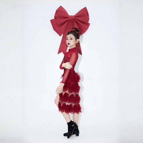 TOP拉丁舞服女童2026新款红色新年春节氛围表演专业演出服练功服