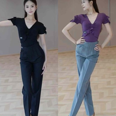 Drs拉丁舞服女成人2025新款v领荷叶袖上衣舞蹈高腰裤练功服套装