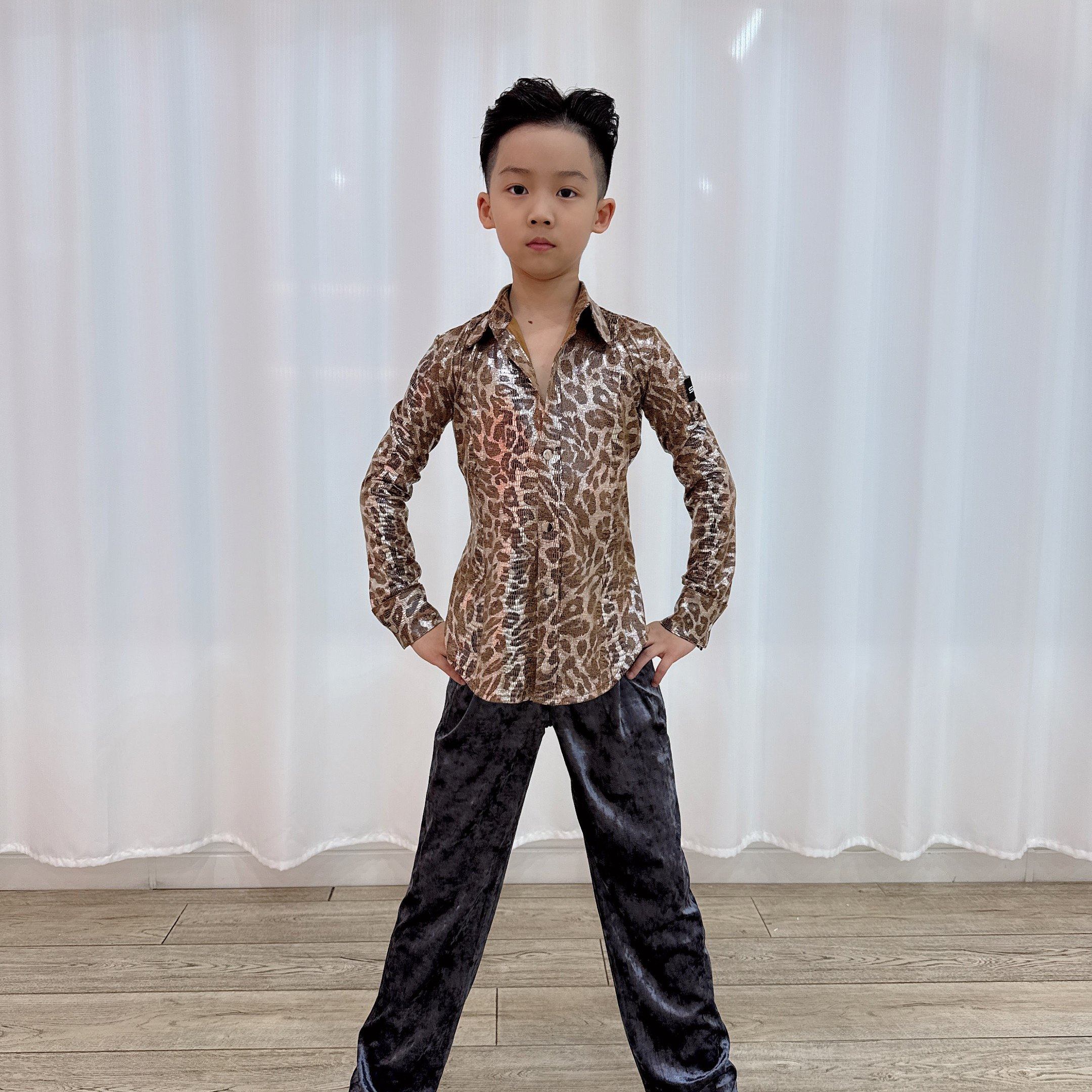 盛佳SJSK拉丁舞服新款儿童男生练功服豹纹衬衣裤子训练套装舞蹈服