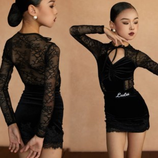 蕾丝长袖 LULU拉丁舞服女童新款 丝绒蕾丝边短裙显气质套装 正品