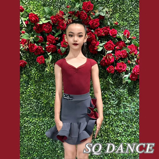 SQ舞服少儿拉丁舞练功服红色桃心领上衣拼色鱼骨半裙套装演出服