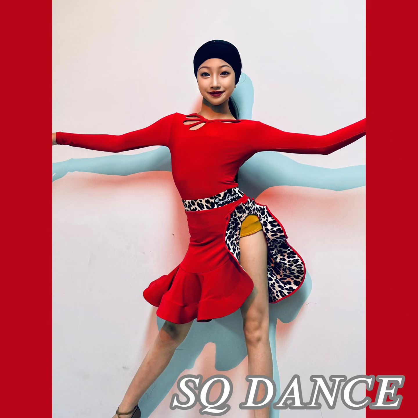 SQ拉丁舞服秋冬女童练功服红色长袖上衣豹纹鱼骨裙高级定制表演服