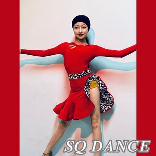 SQ拉丁舞服秋冬女童练功服红色长袖上衣豹纹鱼骨裙高级定制表演服