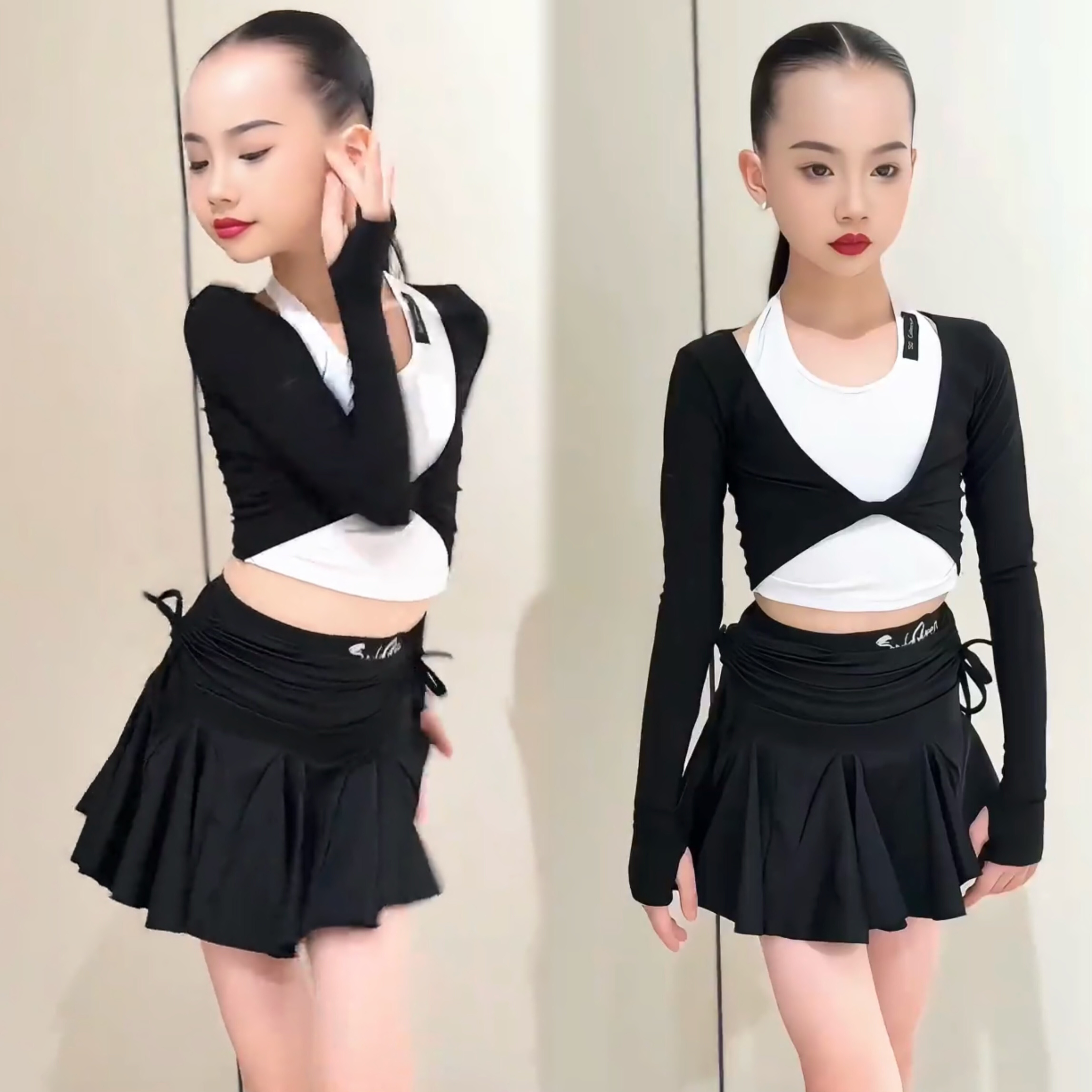 SQ舞服拉丁舞练功服女童秋冬新款训练服长袖外披开衫小吊带半身裙