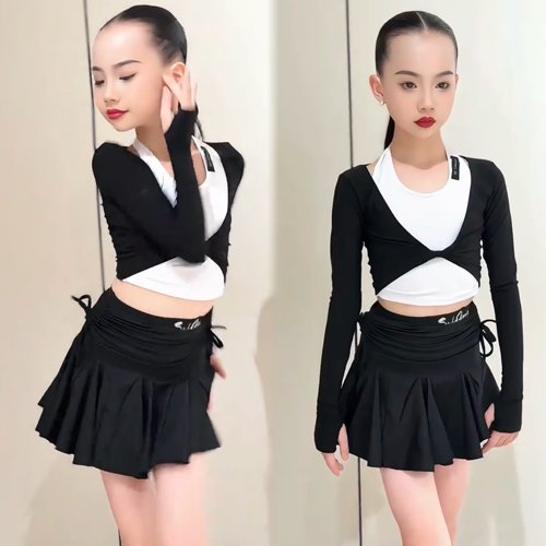 SQ舞服拉丁舞练功服女童秋冬新款训练服长袖外披开衫小吊带半身裙