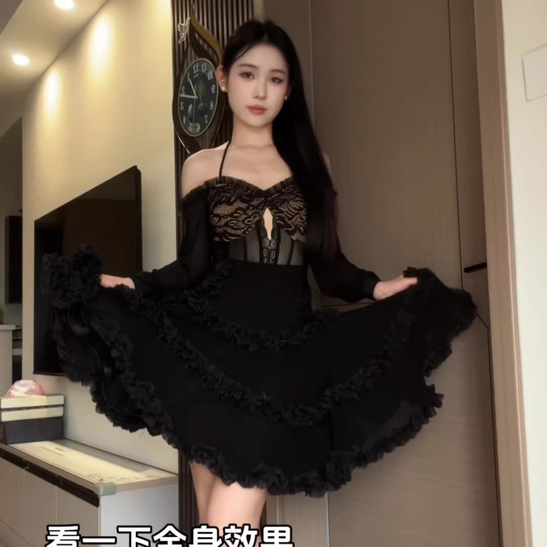 Lilly舞服拉丁舞成人练功服蕾丝吊带上衣大裙摆半裙表演服训练服