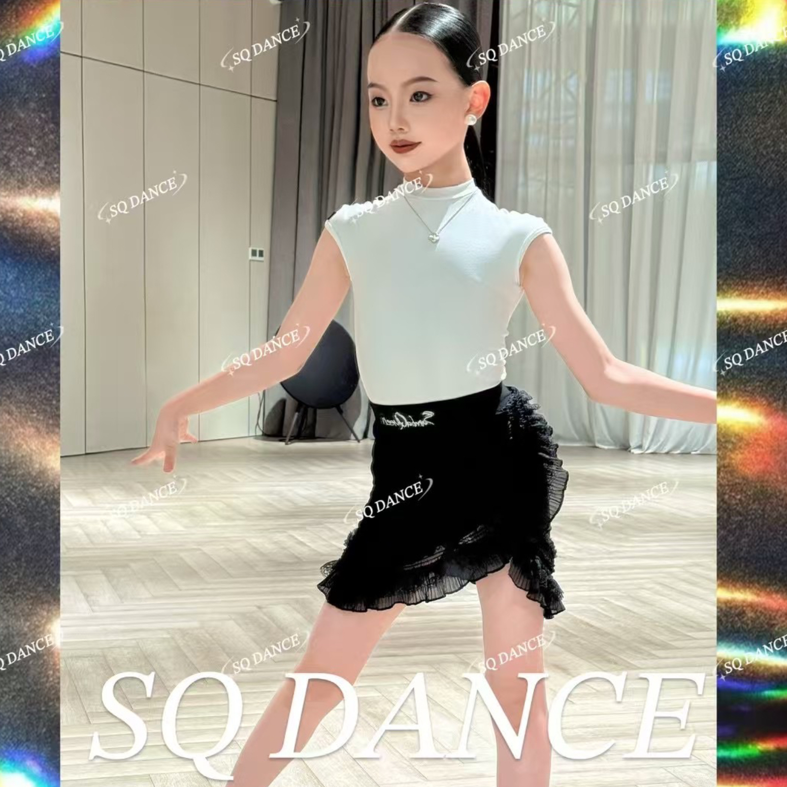 SQ拉丁舞服女儿童夏季白色短袖上衣练功服花边包臀半裙训练服套装