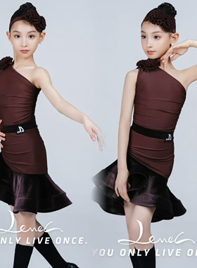 Level舞服女儿童拉丁舞练功服斜肩花朵上衣鱼骨半裙国标训练舞服