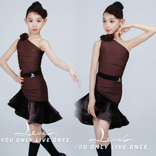 Level舞服女儿童拉丁舞练功服斜肩花朵上衣鱼骨半裙国标训练舞服