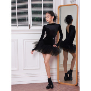 TID拉丁舞服高级感女童练功服丝绒长袖上衣半裙训练服套装表演服