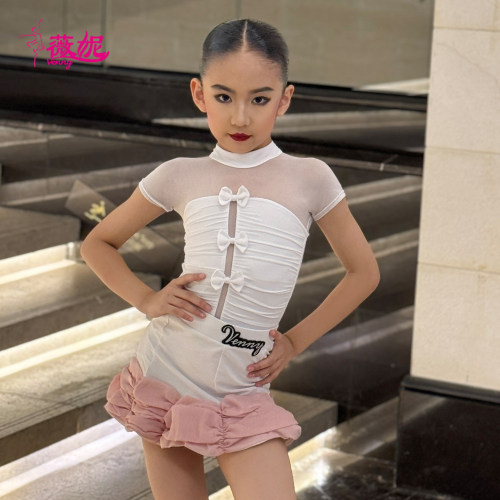 薇妮舞美拉丁舞服新款时尚蝴蝶结网纱练功服分体训练服儿童舞蹈服