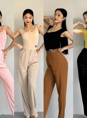 CLW拉丁舞服女士成人日常百搭训练服短袖西裤显瘦国标舞蹈西裤女