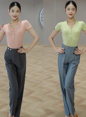 Drs拉丁舞服女成人短袖三心钻装饰上衣新款夏季舞蹈裤修身套装