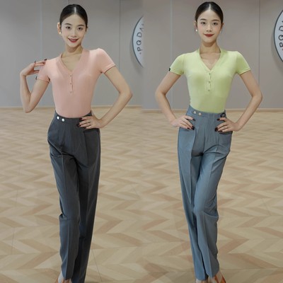 Drs拉丁舞服女成人短袖三心钻装饰上衣新款夏季舞蹈裤修身套装