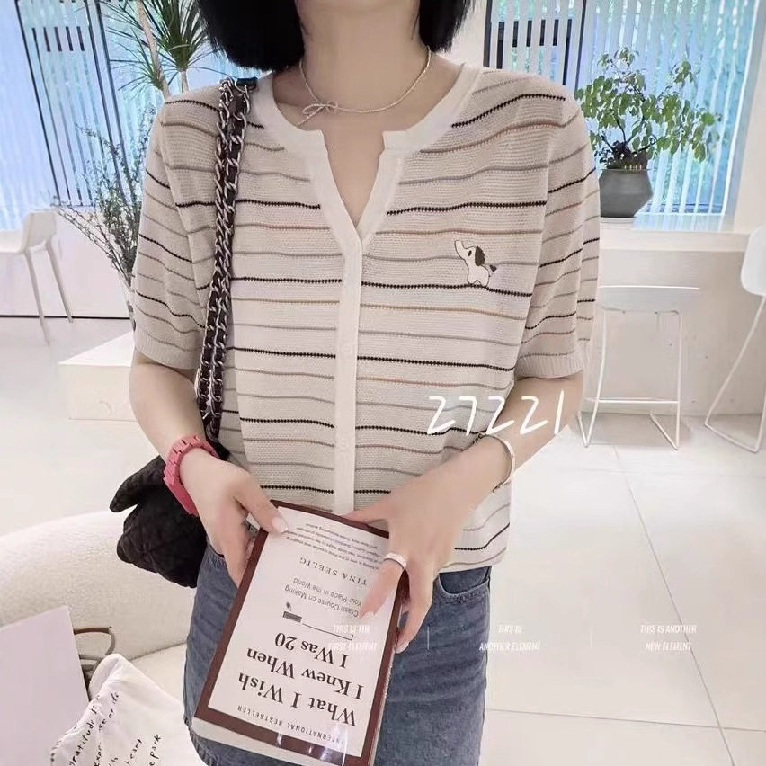 韩系莱赛尔天丝针织衫冰丝亚麻短袖彩色条纹休闲v领假开衫刺绣女