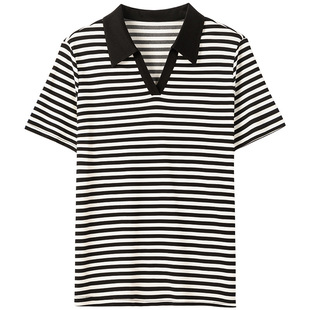 翻领加捻真丝条纹短袖T恤薄款100%桑蚕丝女透气减龄POLO领上衣