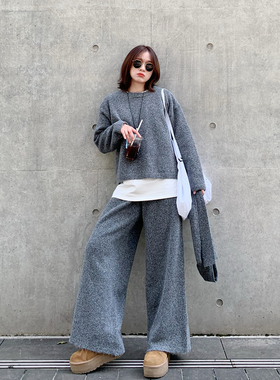 老米家 灰色休闲针织套装女秋冬宽松长袖毛衣阔腿长裤围巾三件套