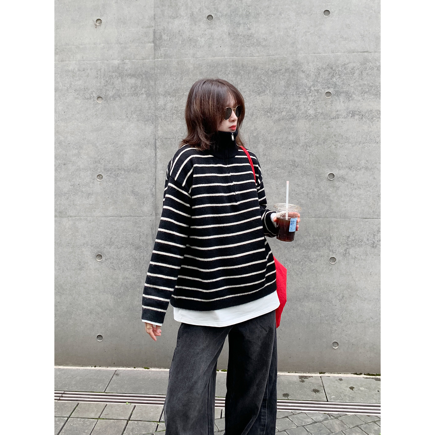 老米家 复古半拉链撞色拼接条纹针织毛衣女秋冬新款套头高领上衣