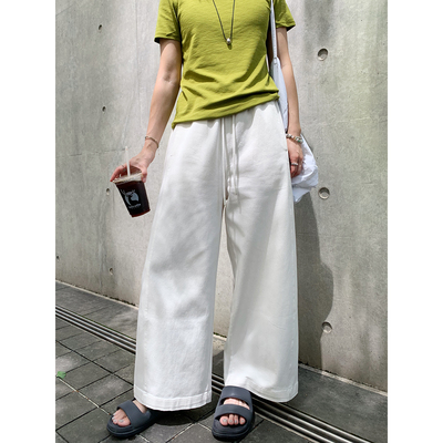 老米家 春夏棉质米白色阔腿牛仔裤女休闲显瘦松紧高腰宽松牛仔裤