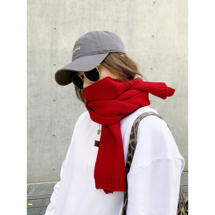 老米家 羊毛针织女冬季保暖防寒纯色围脖韩国红色深灰色围巾