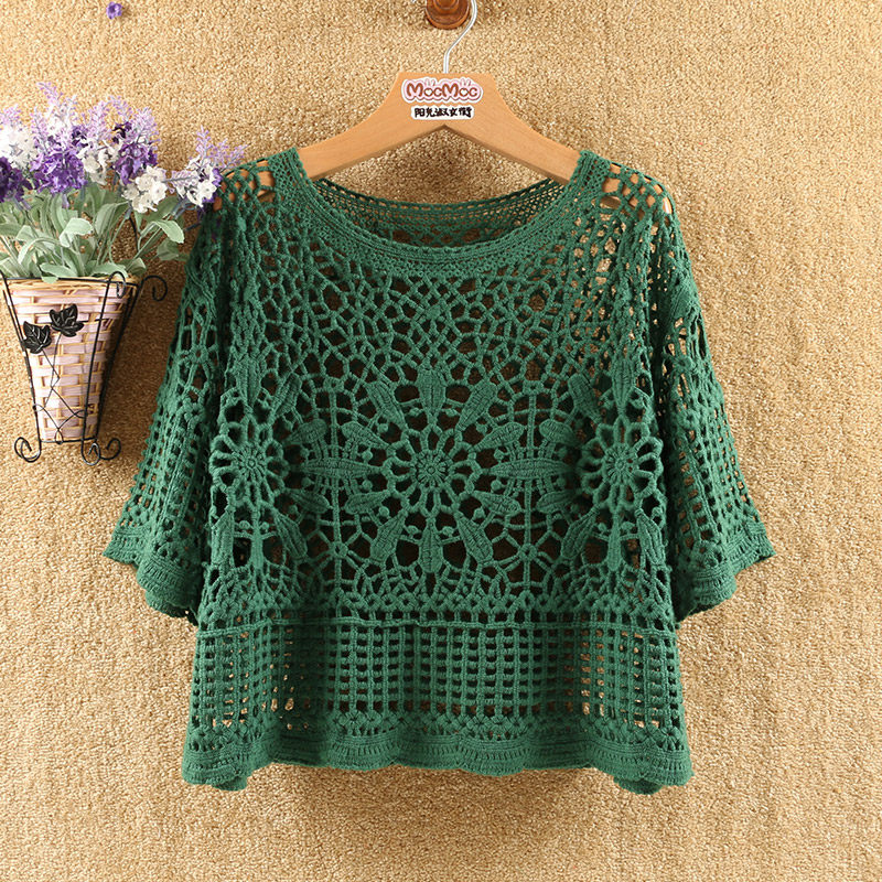 度假风镂空钩花短款罩衫女夏季大码胖mm时尚宽松显瘦针织防晒上衣