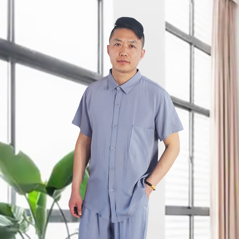 棉绸短袖衬衫夏款中老年男装开衫爸爸宽松人造棉爷爷衬衣T恤上衣