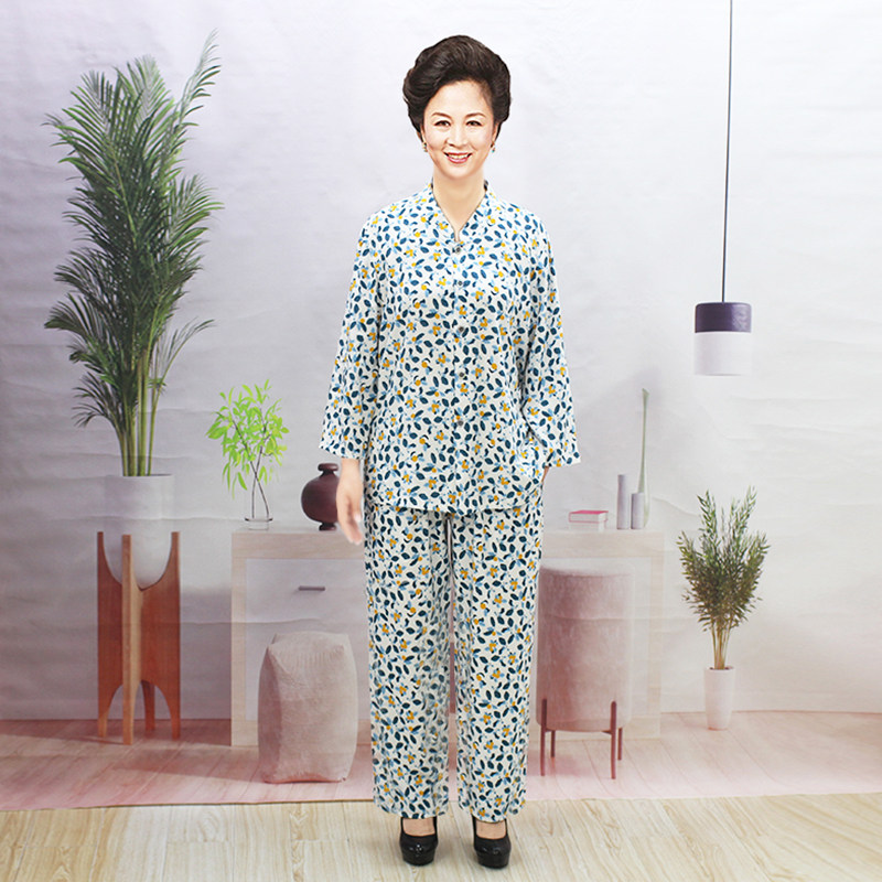 中老年妈妈装人造棉长袖长裤家居服两件套装棉绸宽松睡衣女夏季薄