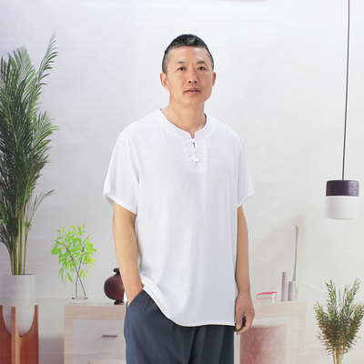 中老年夏季棉绸男装男士衬衫爸爸人造棉短袖上衣爷爷薄款衬衣宽松
