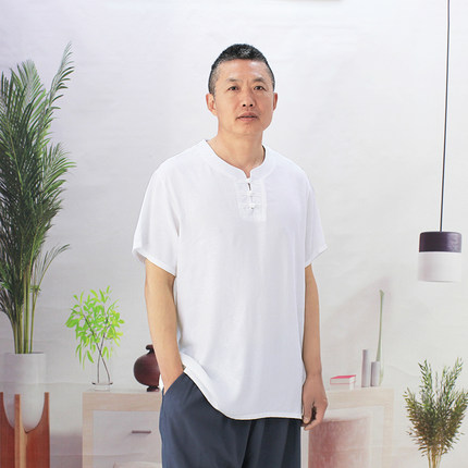 中老年夏季棉绸男装男士衬衫爸爸人造棉短袖上衣爷爷薄款衬衣宽松