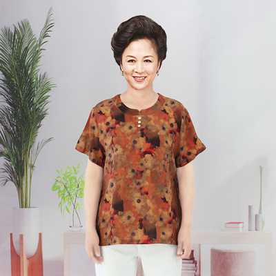 棉绸短袖t恤夏款女装宽松中老年人造棉女士上衣妈妈套头小衫薄款