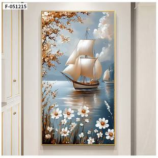 饰画 手绘风格 一帆风顺新款 竖版 玄关画客厅壁画走廊过道楼梯高档装