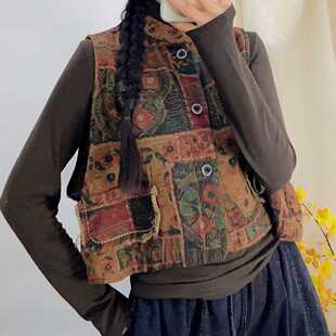 马甲女宽松大码 复古民族棉麻印花立领无袖 显瘦背心马夹女 新款 秋季