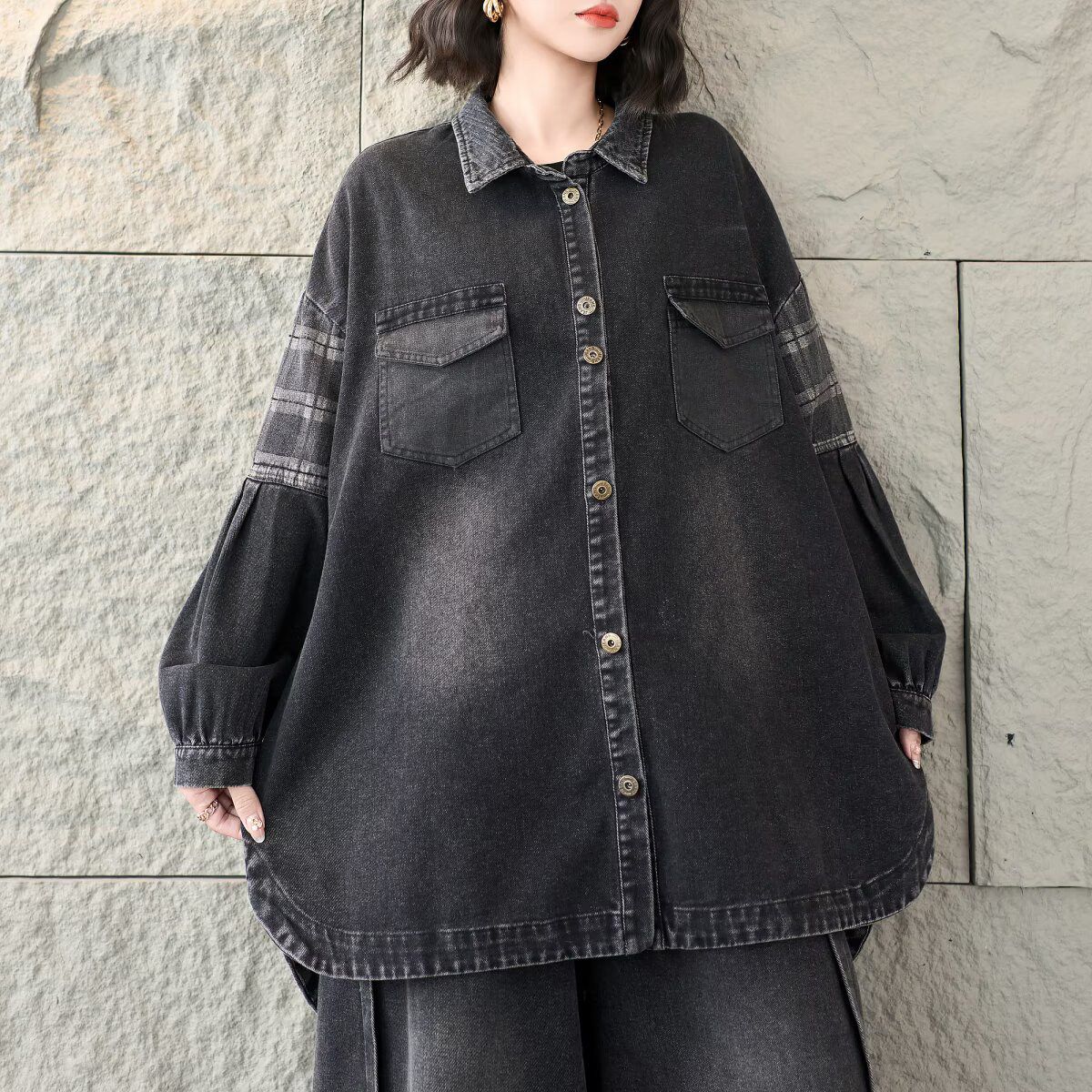 春装新复古牛仔拼接单排扣外套女宽松显瘦前短后长牛仔衬衫上衣女,女装/女士精品,短外套,淘宝优惠券,粉丝福利购,淘宝优惠卷