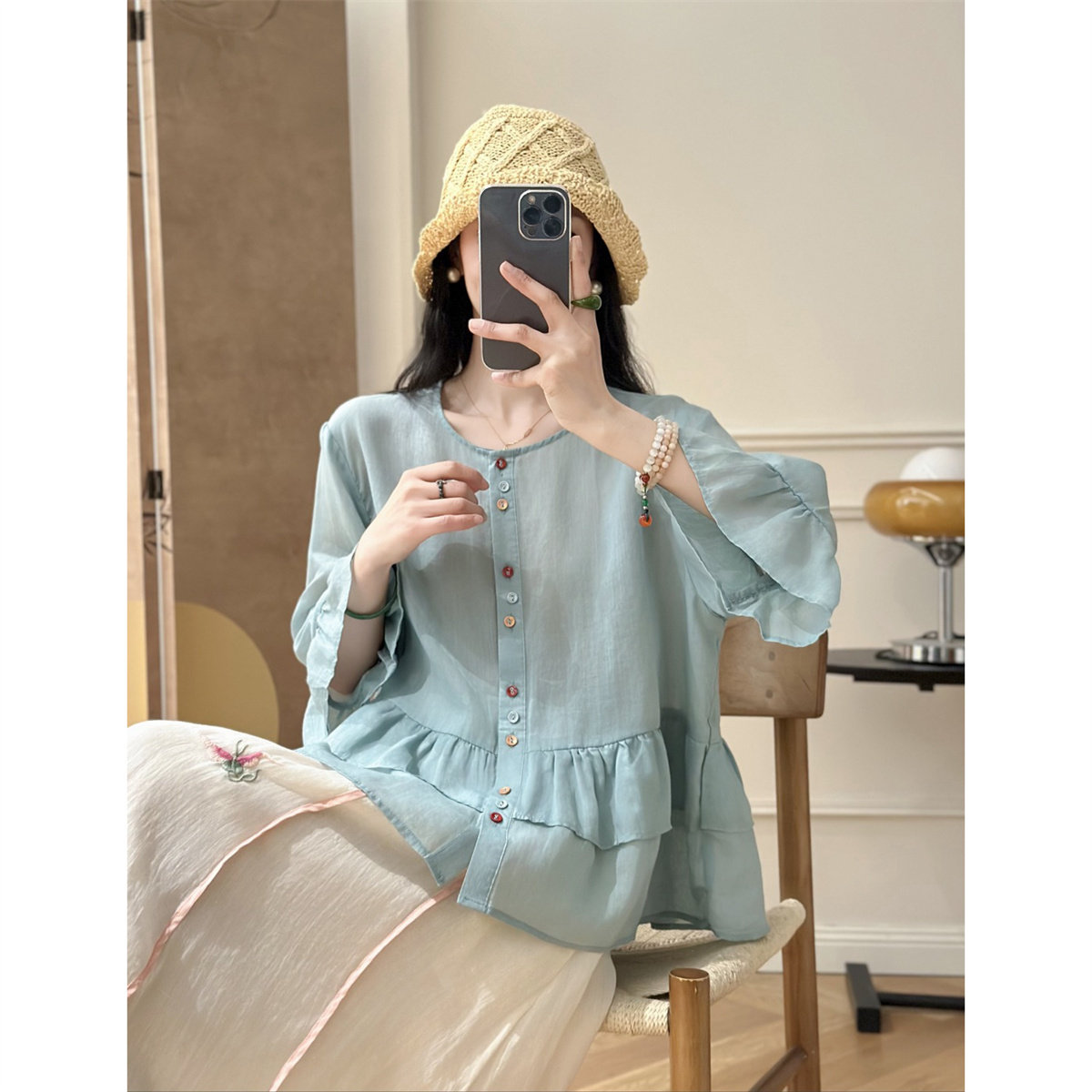 夏季苎麻七分袖荷叶边显瘦衬衫女
