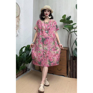 夏季新款复古棉麻印花拼接圆领短袖连衣裙女宽松显瘦中长A字裙女