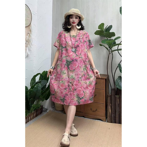 复古A字裙棉麻花色拼接连衣裙女