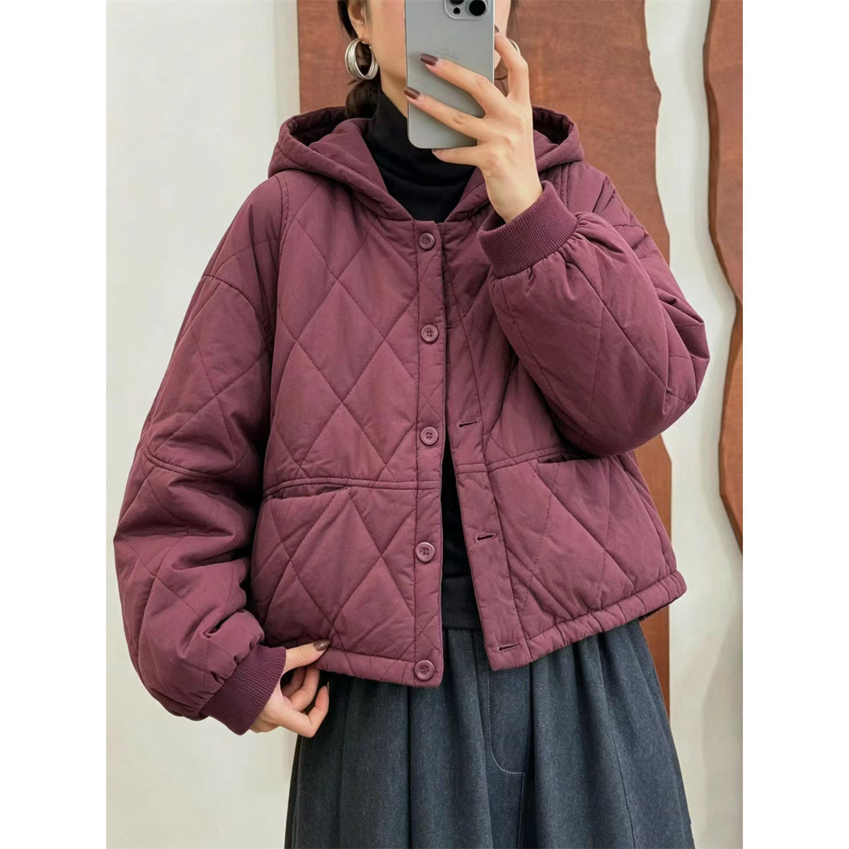 冬季复古菱格连帽加厚短款棉服女